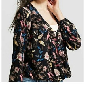 Mossimo Black Floral Faux Wrap Tie Blouse. Size M.